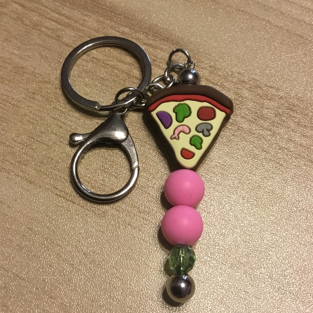 Pizza Slice Keychain with Pink and Green Beads